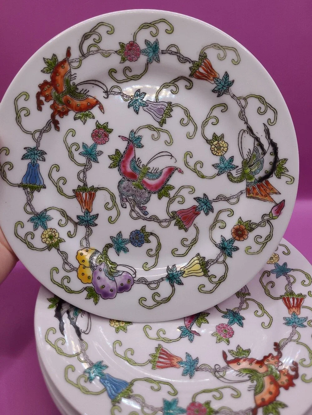 Mid Century Jingdezhen Zhongguo Butterfly Flower Salad Plate Set 5 Hand Painted